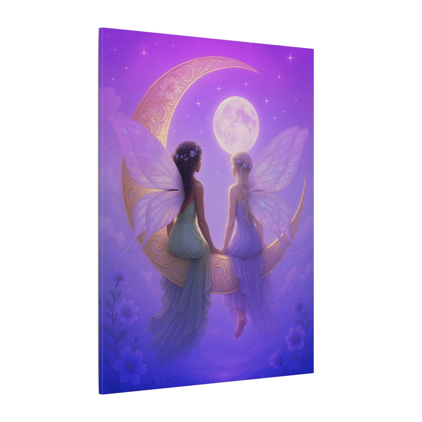 Fairy Friends on the Moon – Enchanted Purple Dream Wall Art