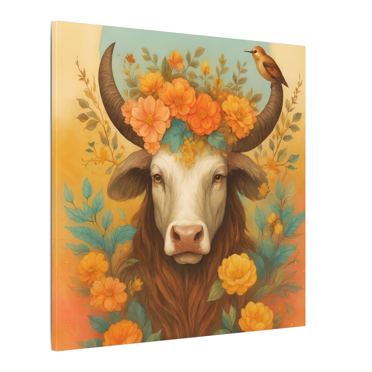 Bull with Bird – Floral Serenity Wall Art (Taurus Inspired), Square