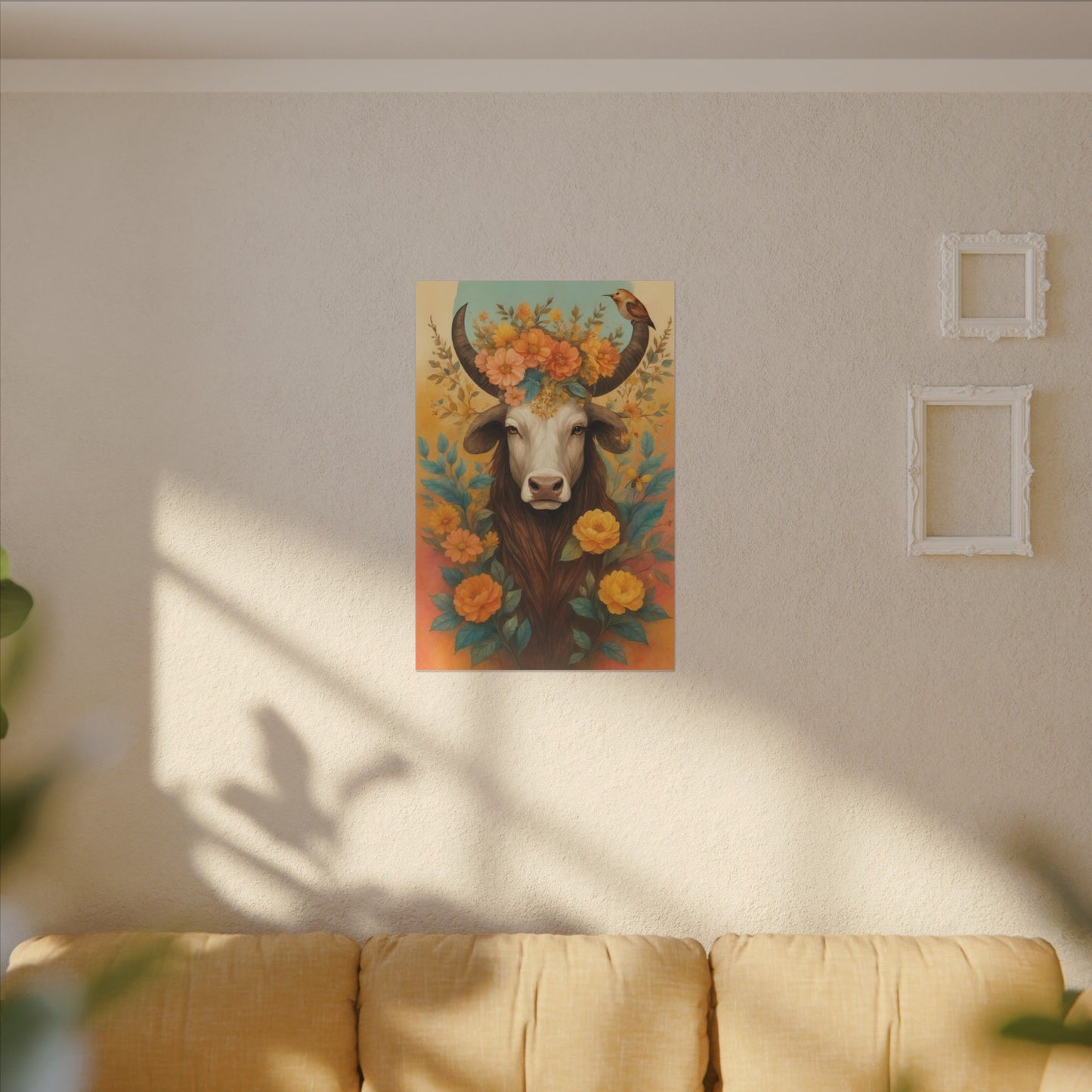 Bull with Bird – Floral Serenity Wall Art (Taurus Inspired)