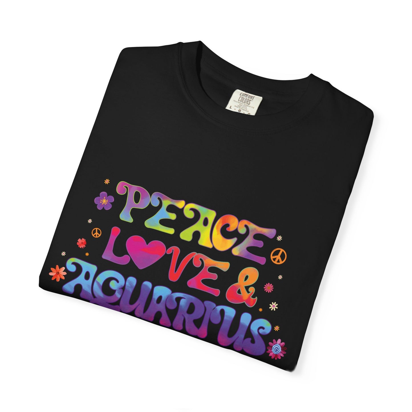 Peace Love & Aquarius Tee – Groovy Multicolor Zodiac Shirt