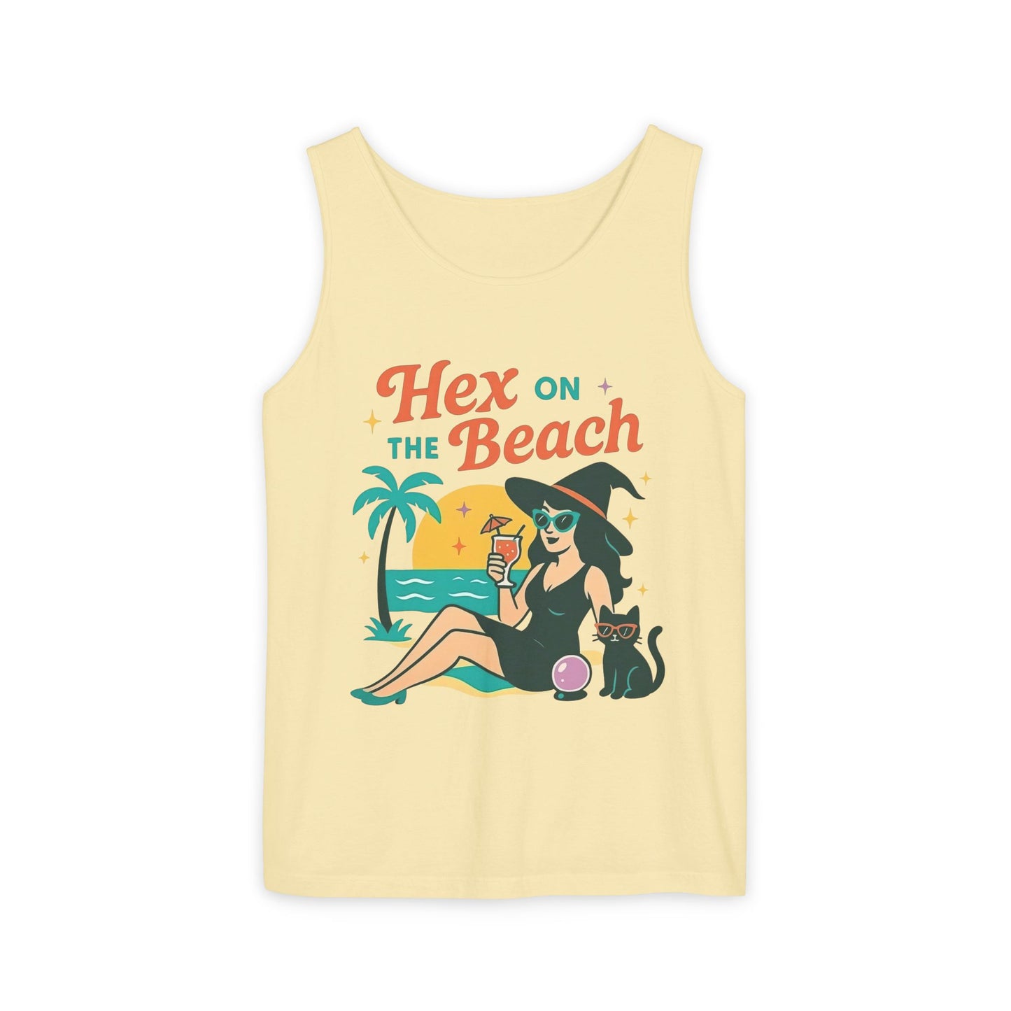 Hex on the Beach โ Sunset Witch Tank with Cat & Cocktail (Unisex)