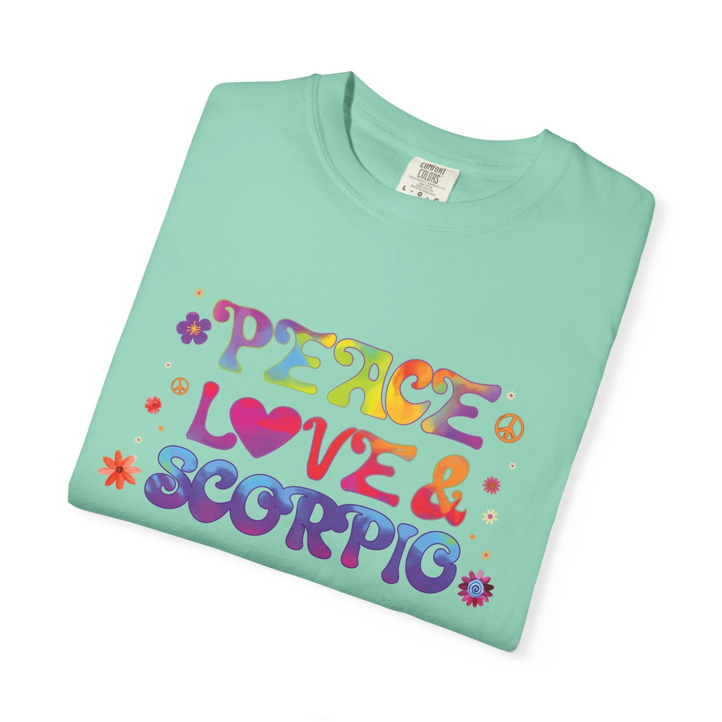 Peace Love & Scorpio Tee – Colorful Retro Zodiac Shirt