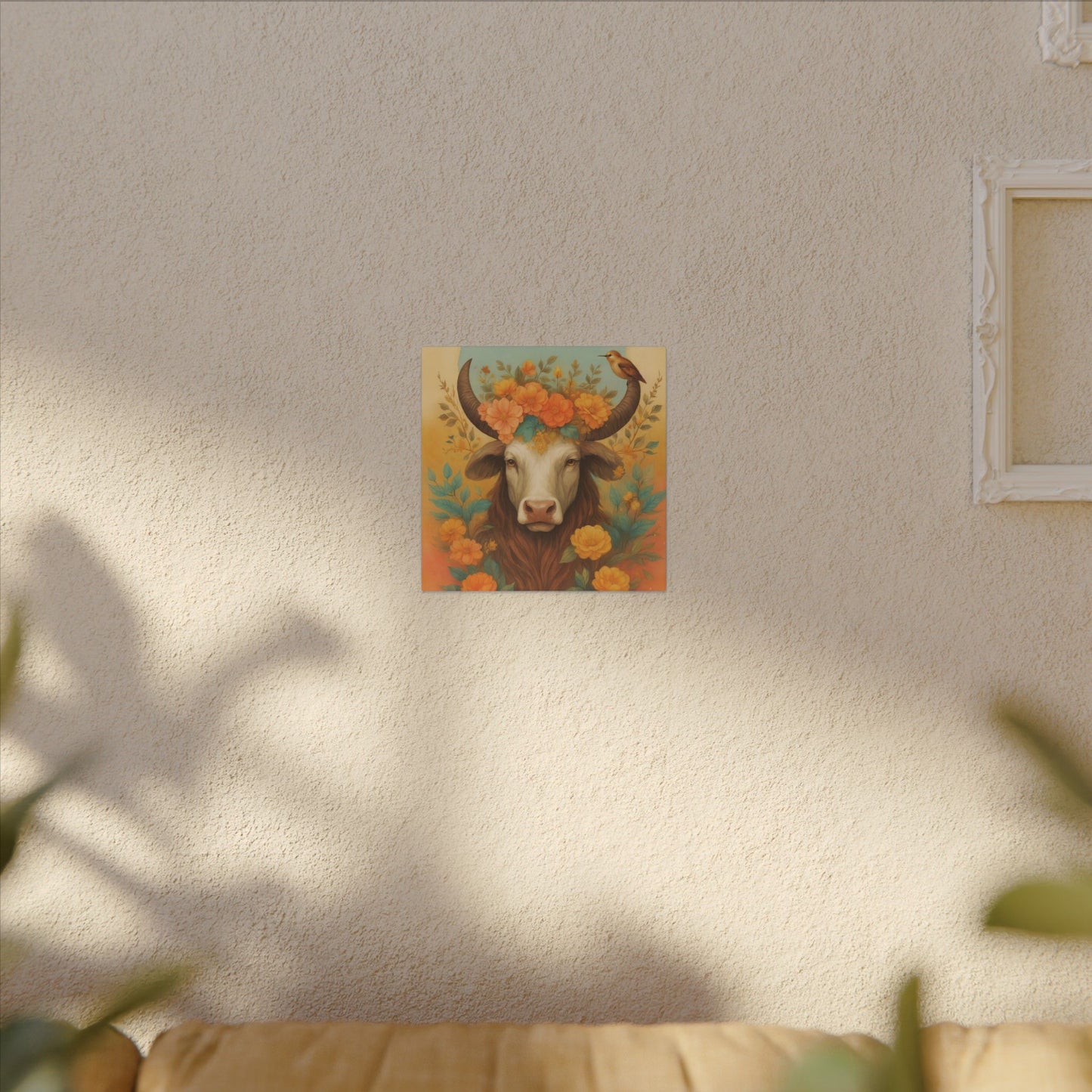 Bull with Bird – Floral Serenity Wall Art (Taurus Inspired), Square