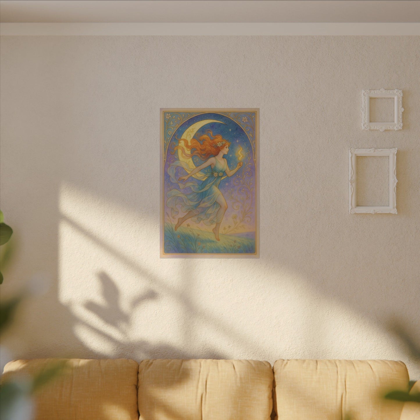 Flame Keeper Running Free – Moonlit Goddess Art Nouveau Canvas Wall Art