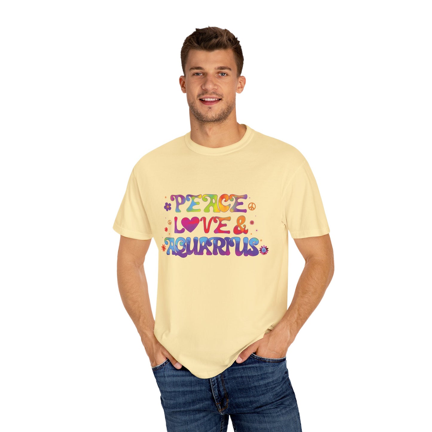 Peace Love & Aquarius Tee – Groovy Multicolor Zodiac Shirt