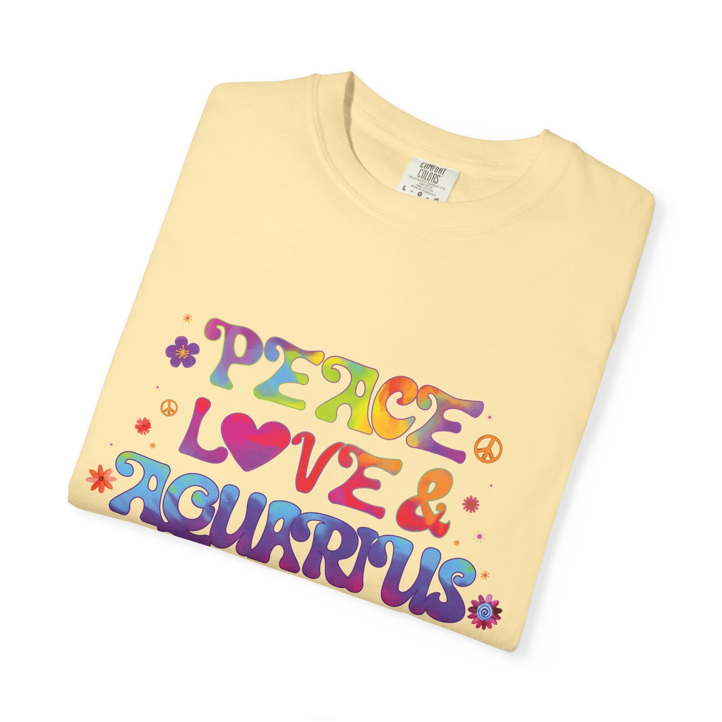 Peace Love & Aquarius Tee – Groovy Multicolor Zodiac Shirt
