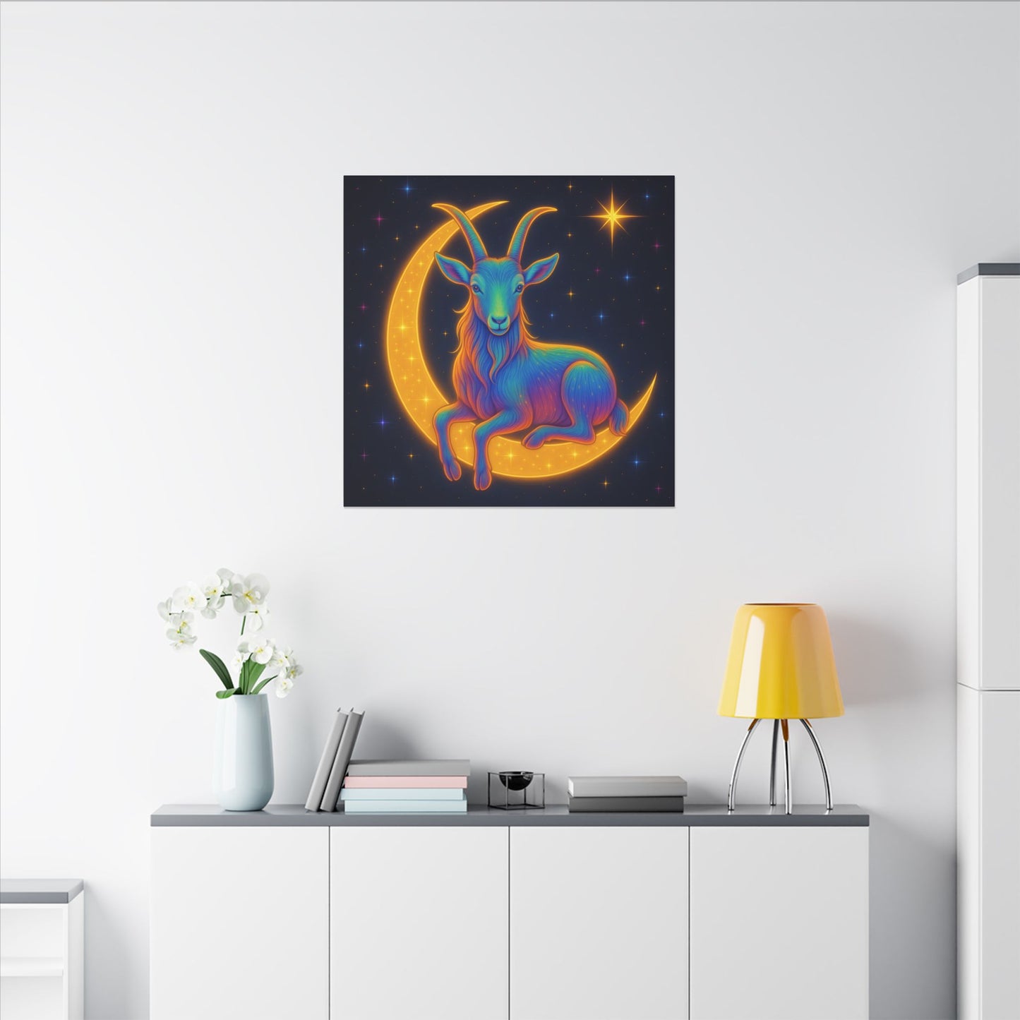 Rainbow Goat on the Moon – Capricorn Celestial Wall Art