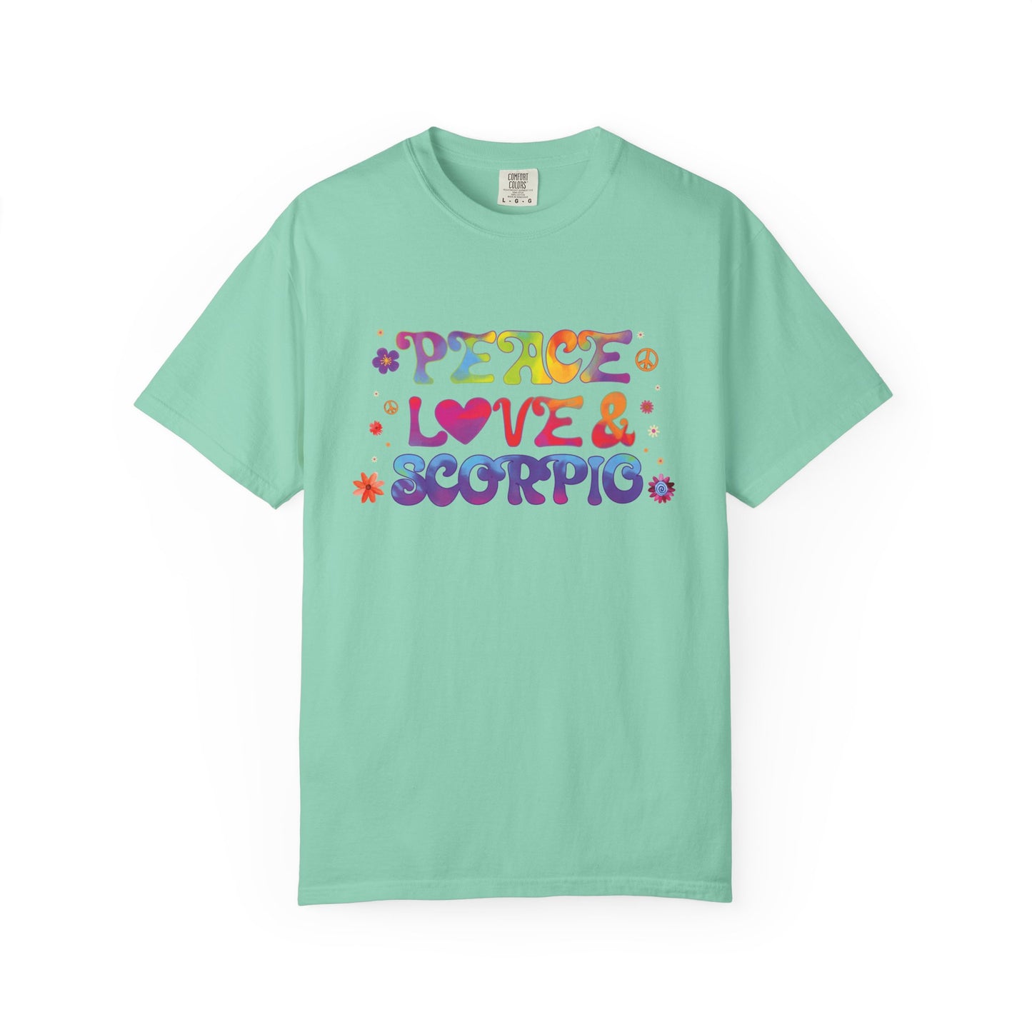 Peace Love & Scorpio Tee – Colorful Retro Zodiac Shirt
