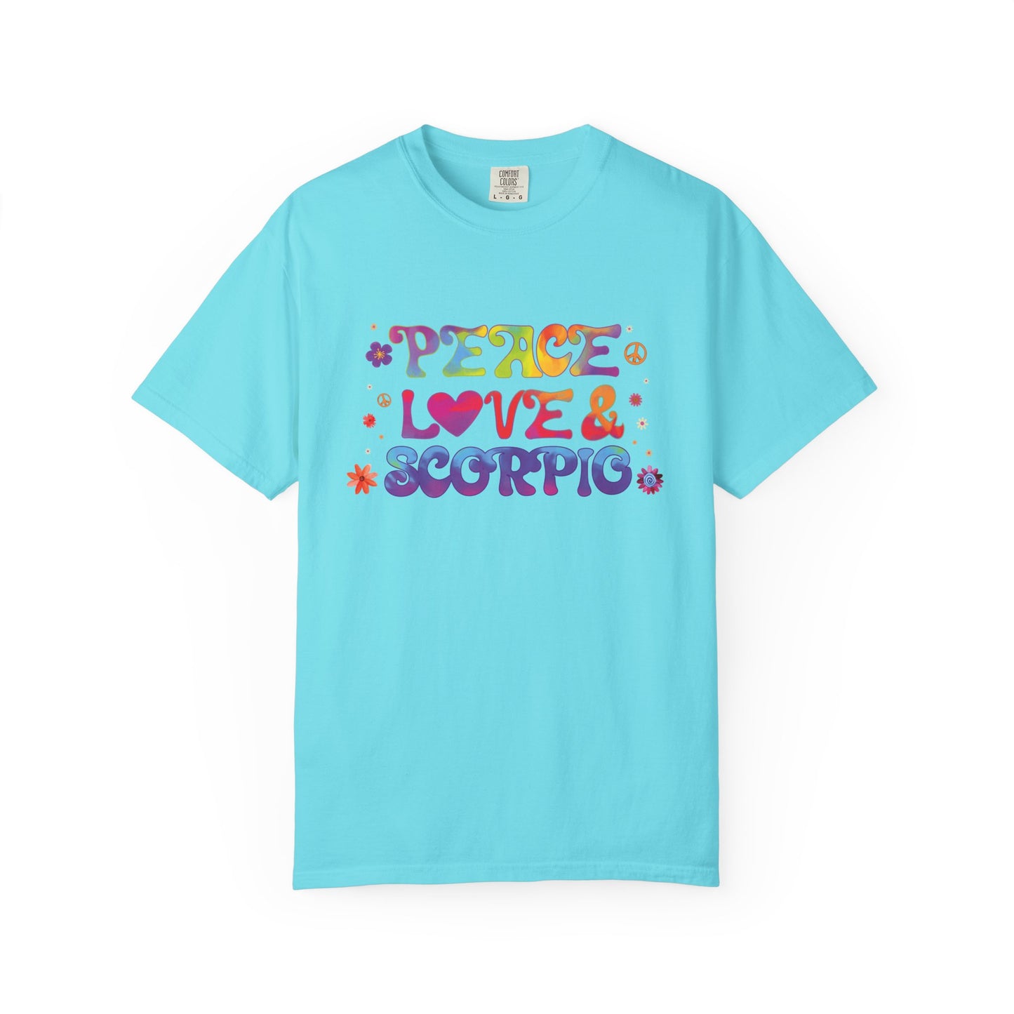 Peace Love & Scorpio Tee β Colorful Retro Zodiac Shirt