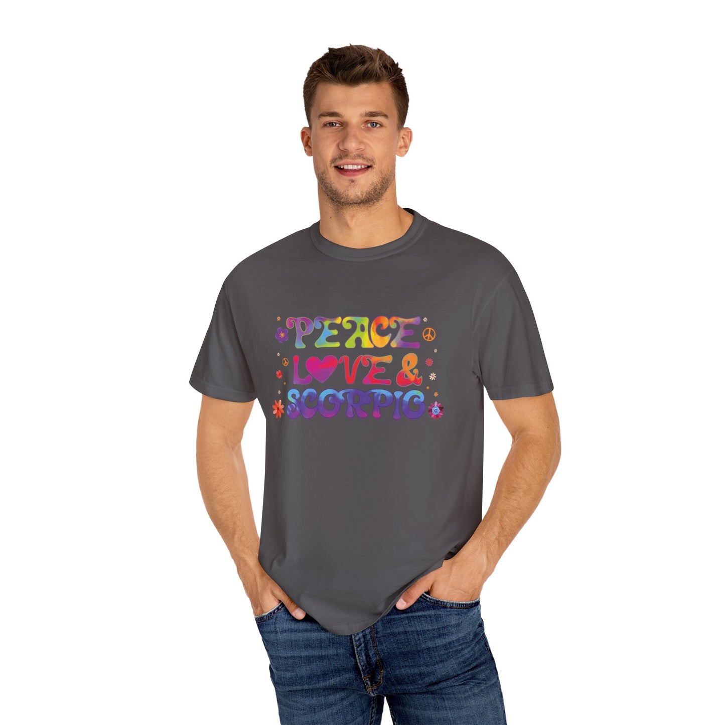 Peace Love & Scorpio Tee β Colorful Retro Zodiac Shirt