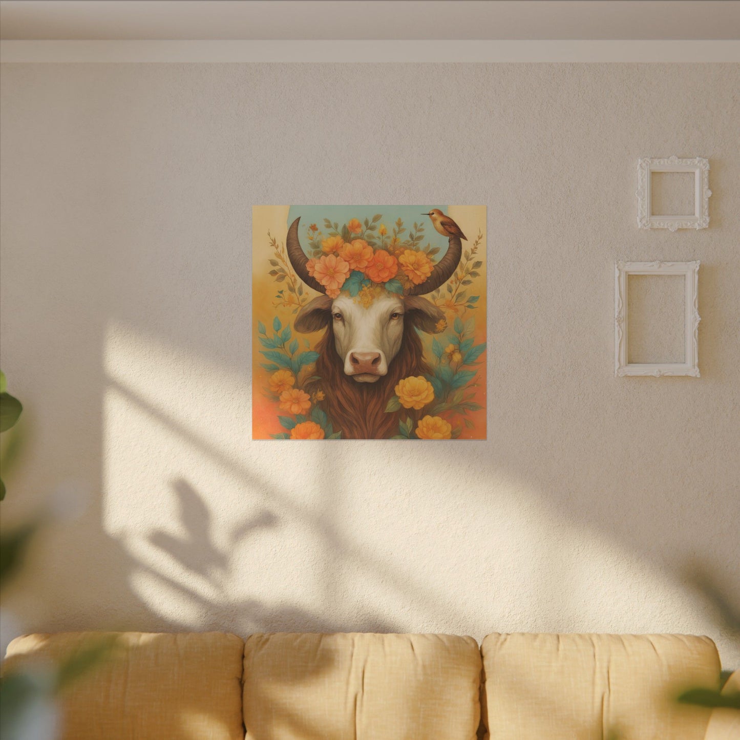 Bull with Bird – Floral Serenity Wall Art (Taurus Inspired), Square