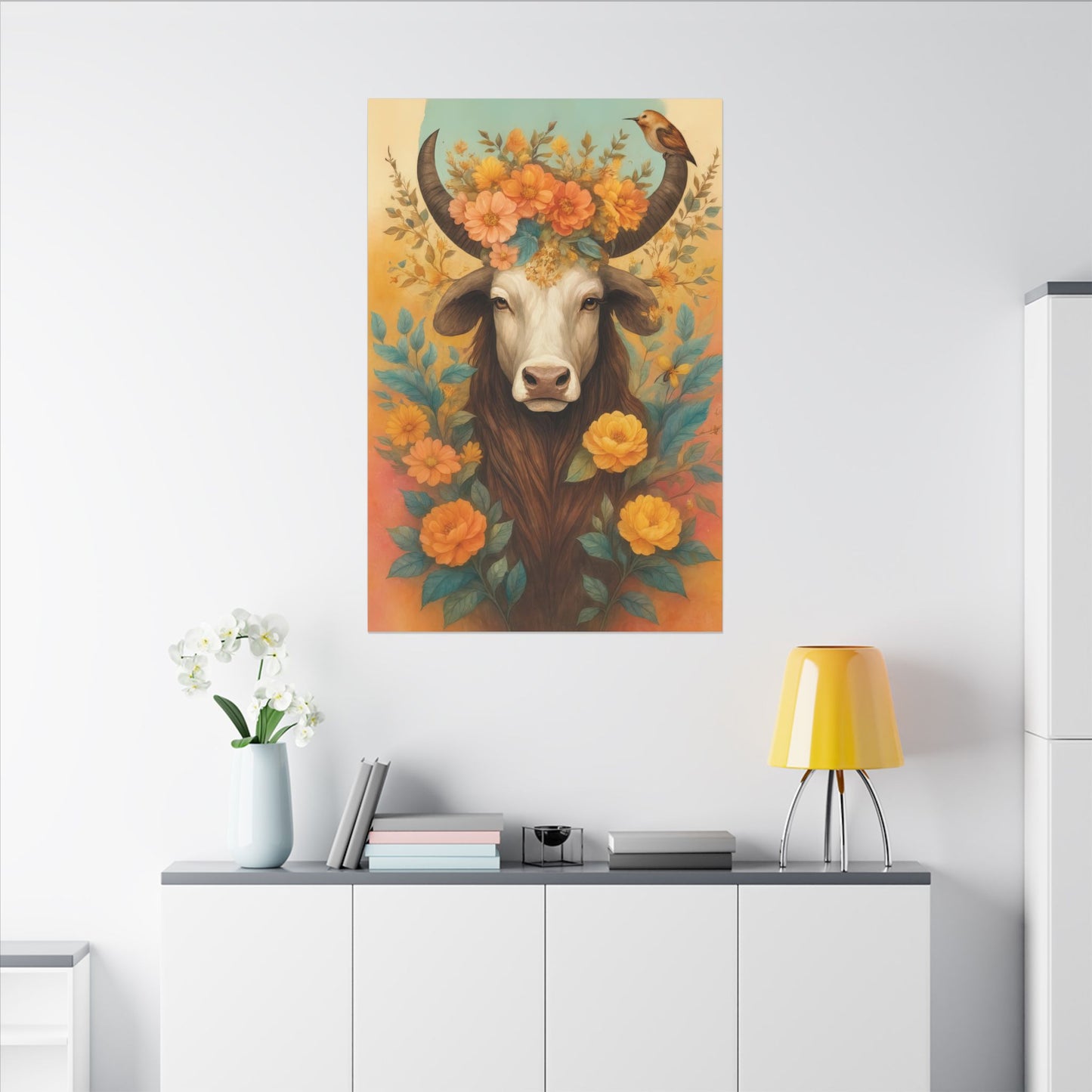 Bull with Bird – Floral Serenity Wall Art (Taurus Inspired)