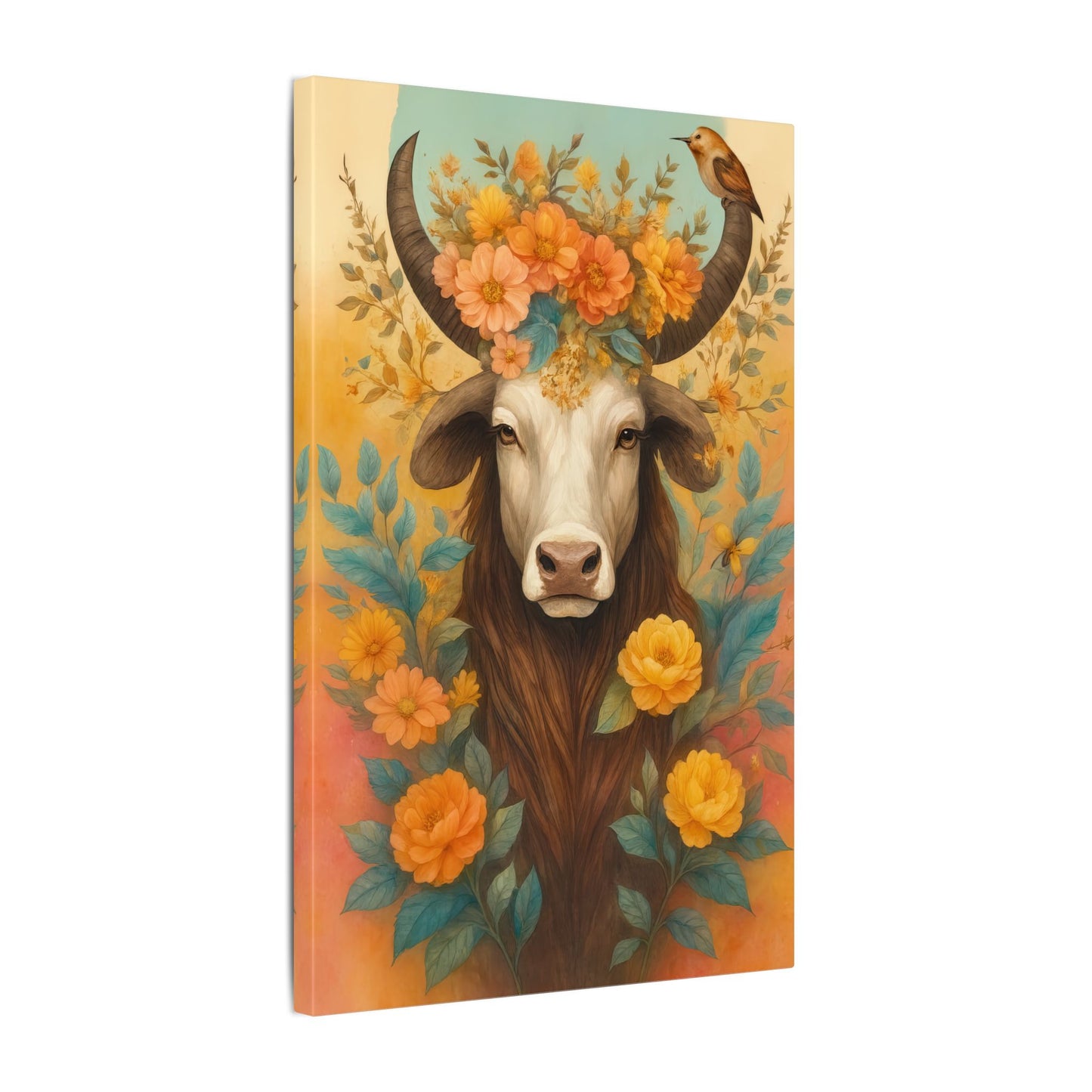 Bull with Bird – Floral Serenity Wall Art (Taurus Inspired)