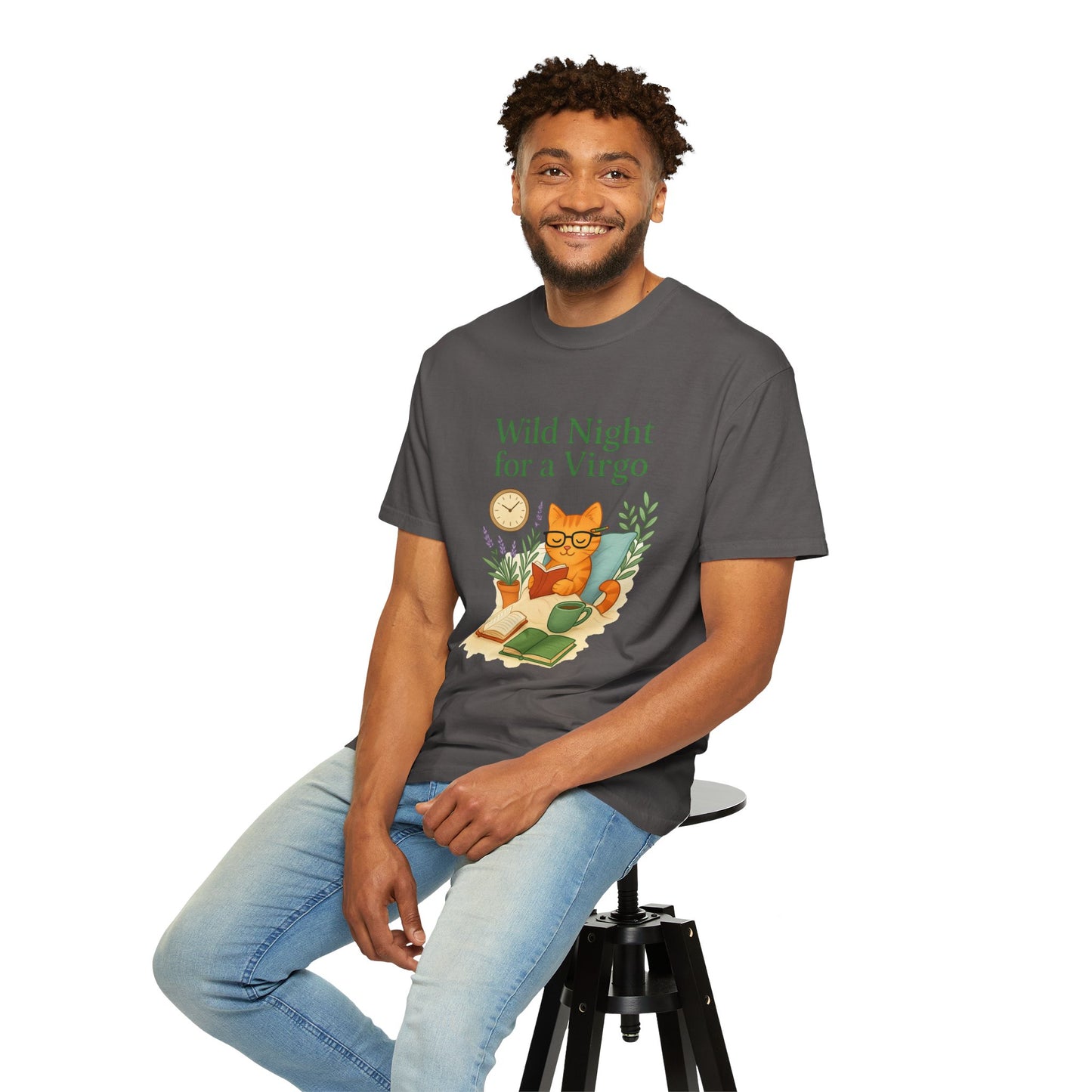 Wild Night for a Virgo – Cozy Cat Tee for Bookish Earth Signs
