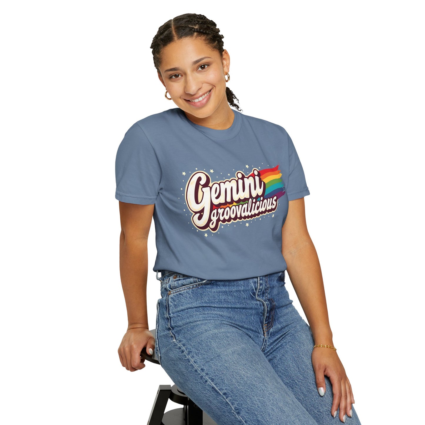 Gemini Groovalicious - Retro Rainbow Script Zodiac Tee