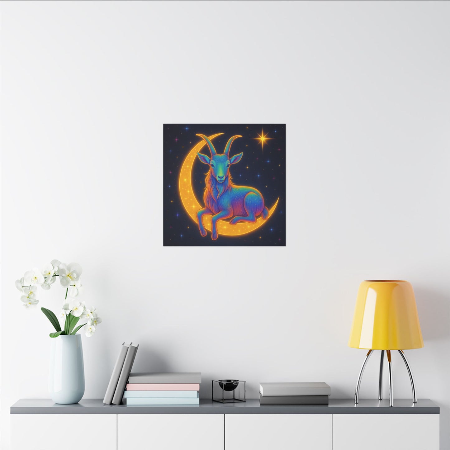 Rainbow Goat on the Moon – Capricorn Celestial Wall Art