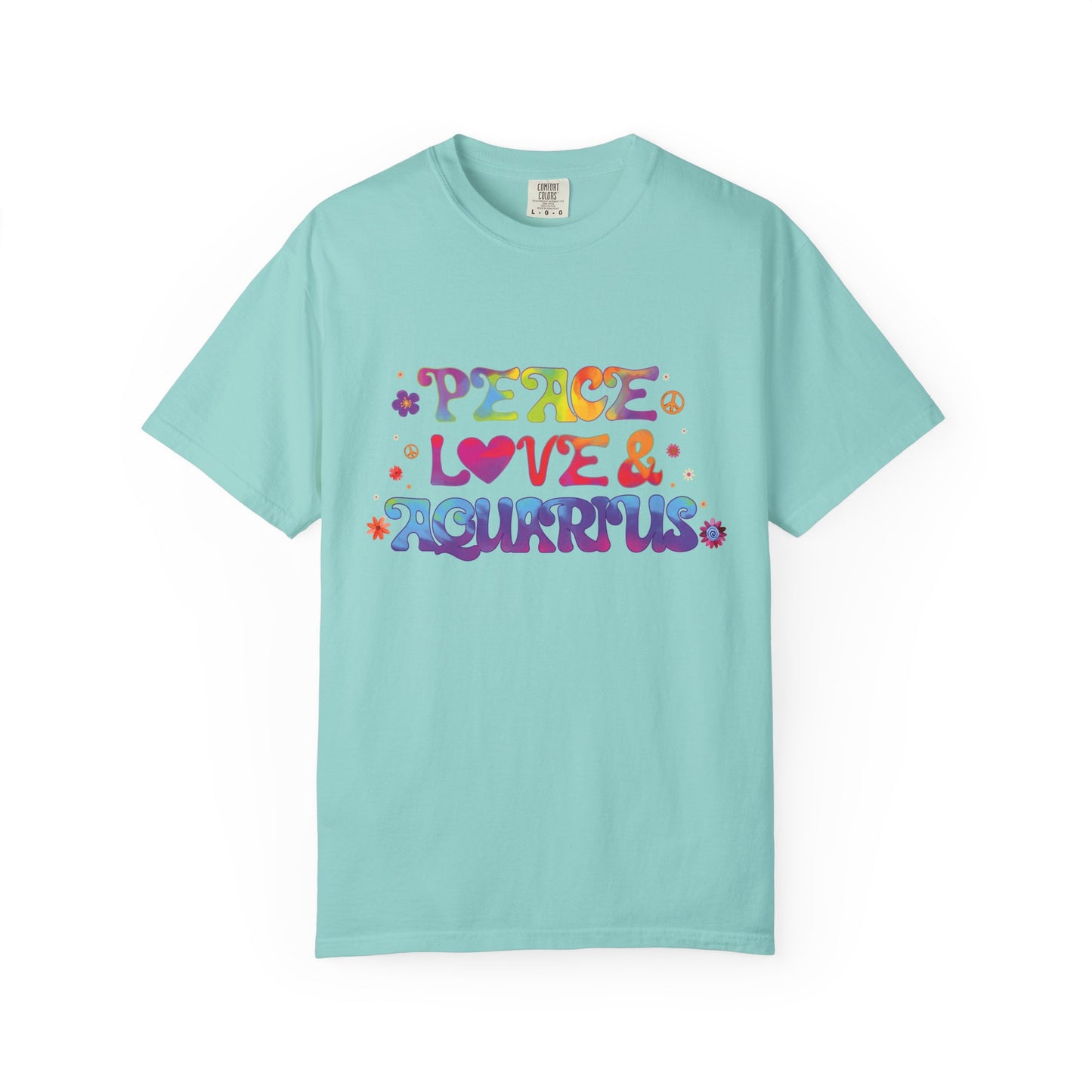 Peace Love & Aquarius Tee – Groovy Multicolor Zodiac Shirt