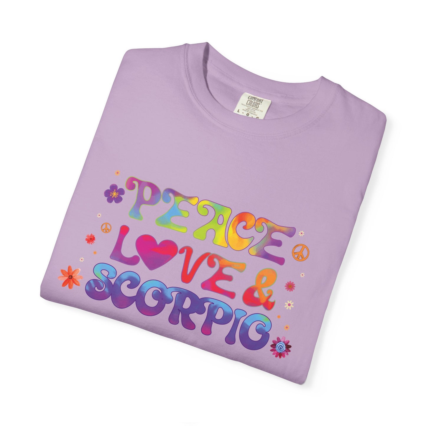Peace Love & Scorpio Tee β Colorful Retro Zodiac Shirt