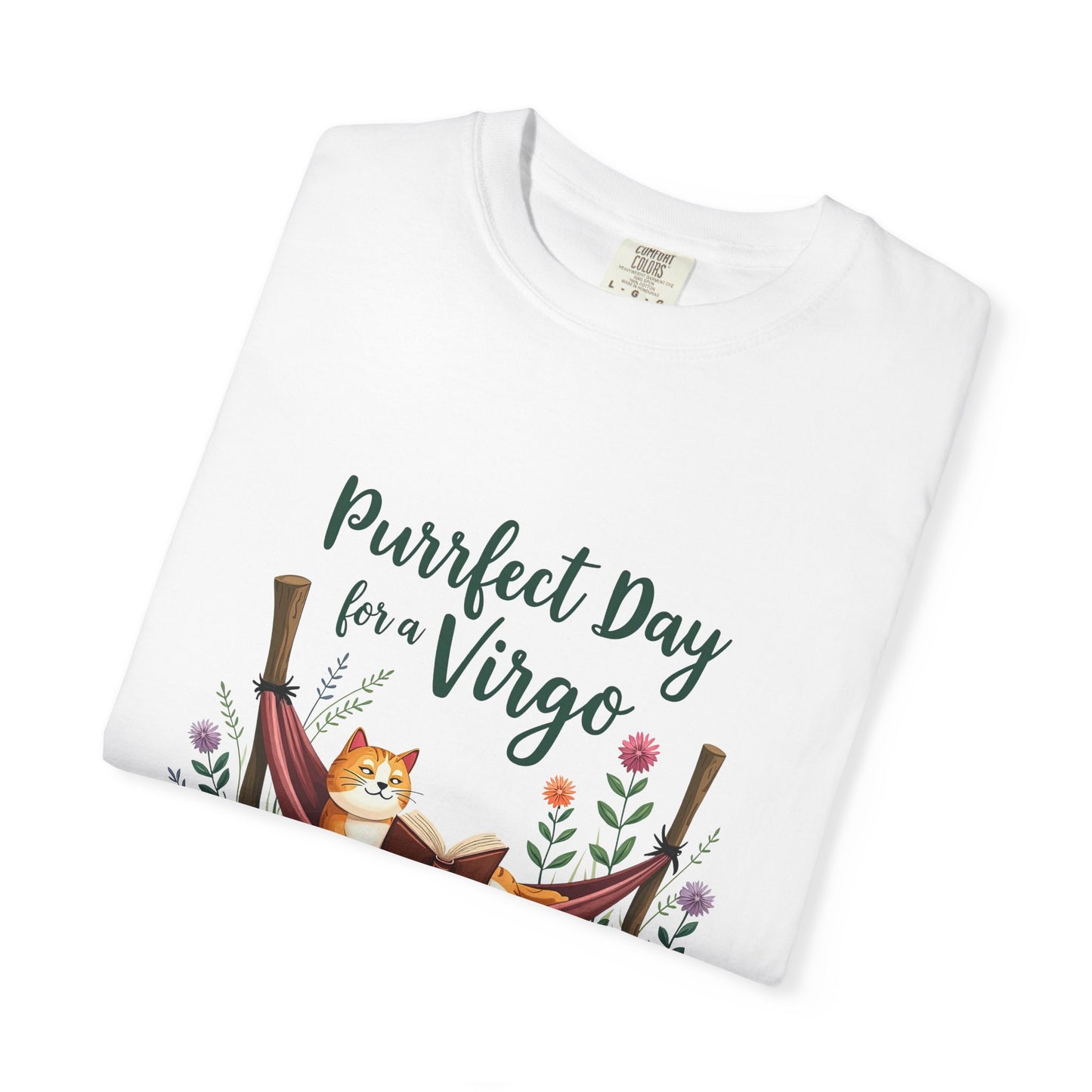Purrfect Day for a Virgo – Cozy Cat & Hammock Zodiac Tee