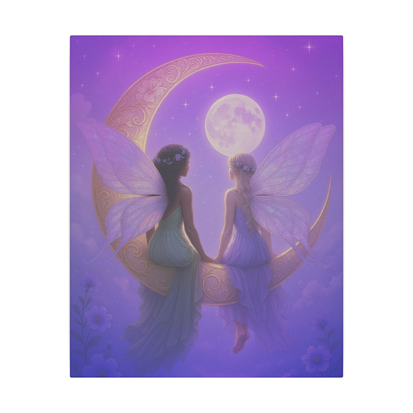 Fairy Friends on the Moon – Enchanted Purple Dream Wall Art