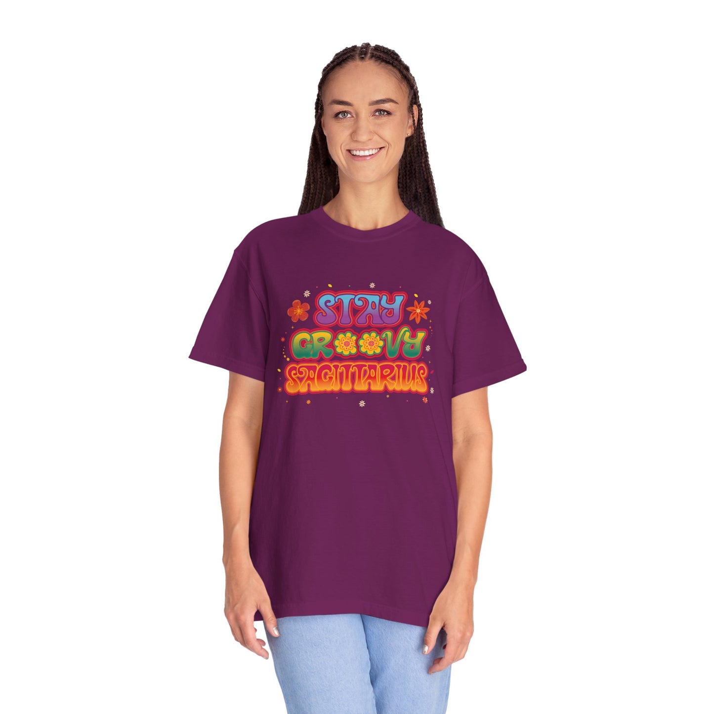 Stay Groovy Sagittarius – Retro Zodiac Flower Power Tee