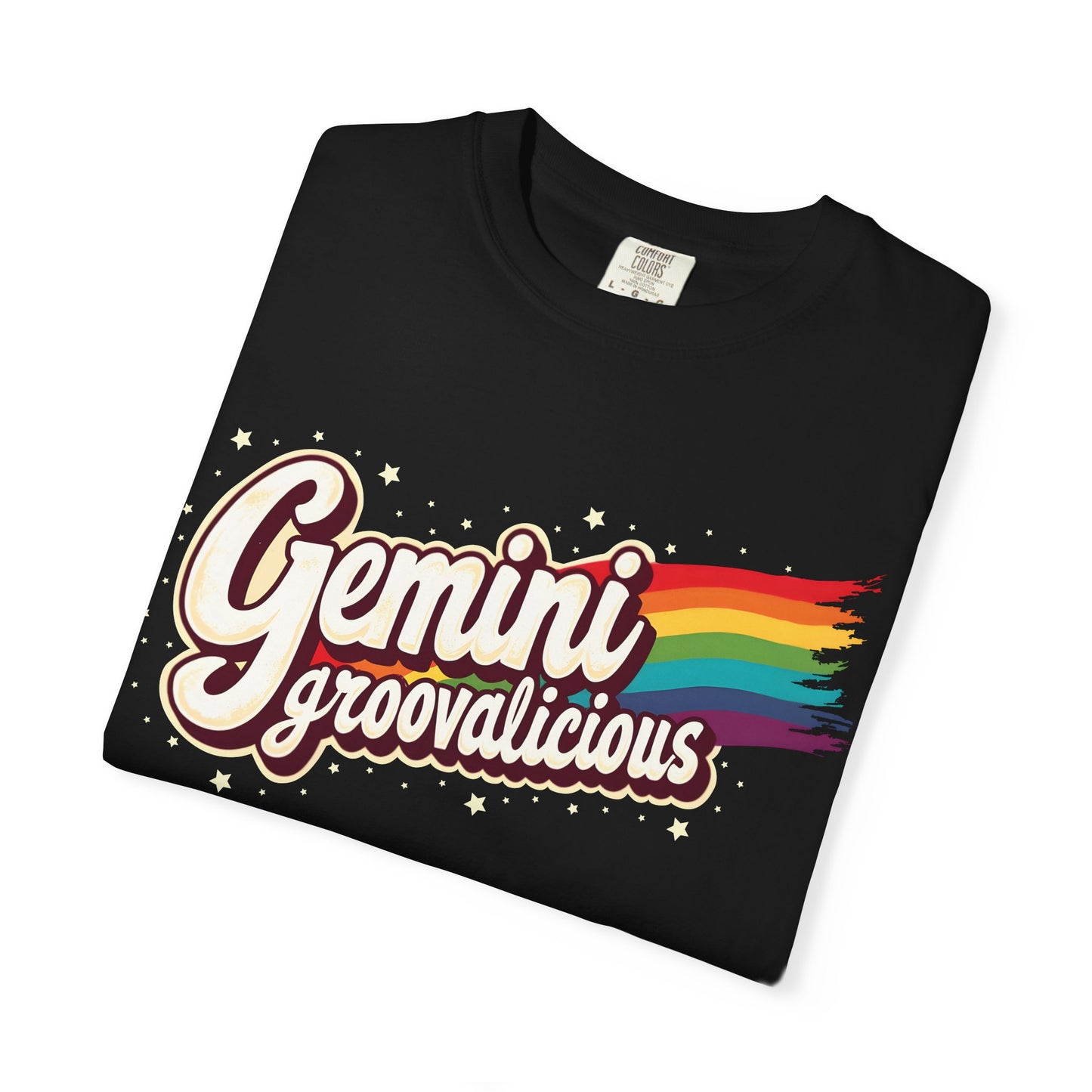 Gemini Groovalicious - Retro Rainbow Script Zodiac Tee