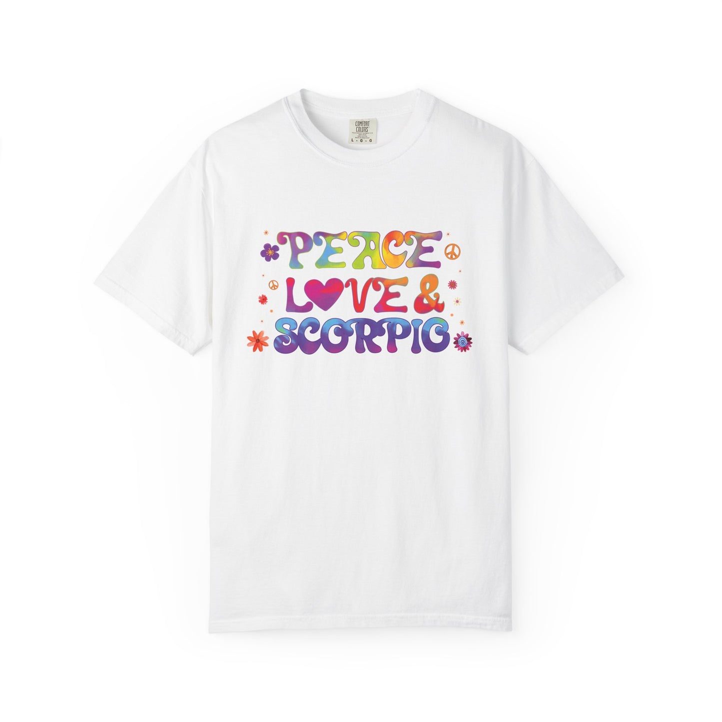 Peace Love & Scorpio Tee β Colorful Retro Zodiac Shirt