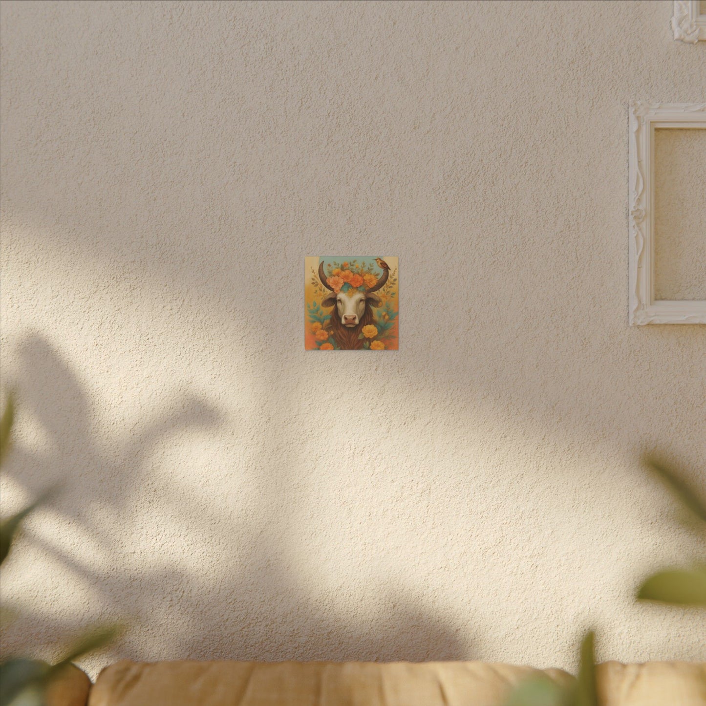 Bull with Bird – Floral Serenity Wall Art (Taurus Inspired), Square