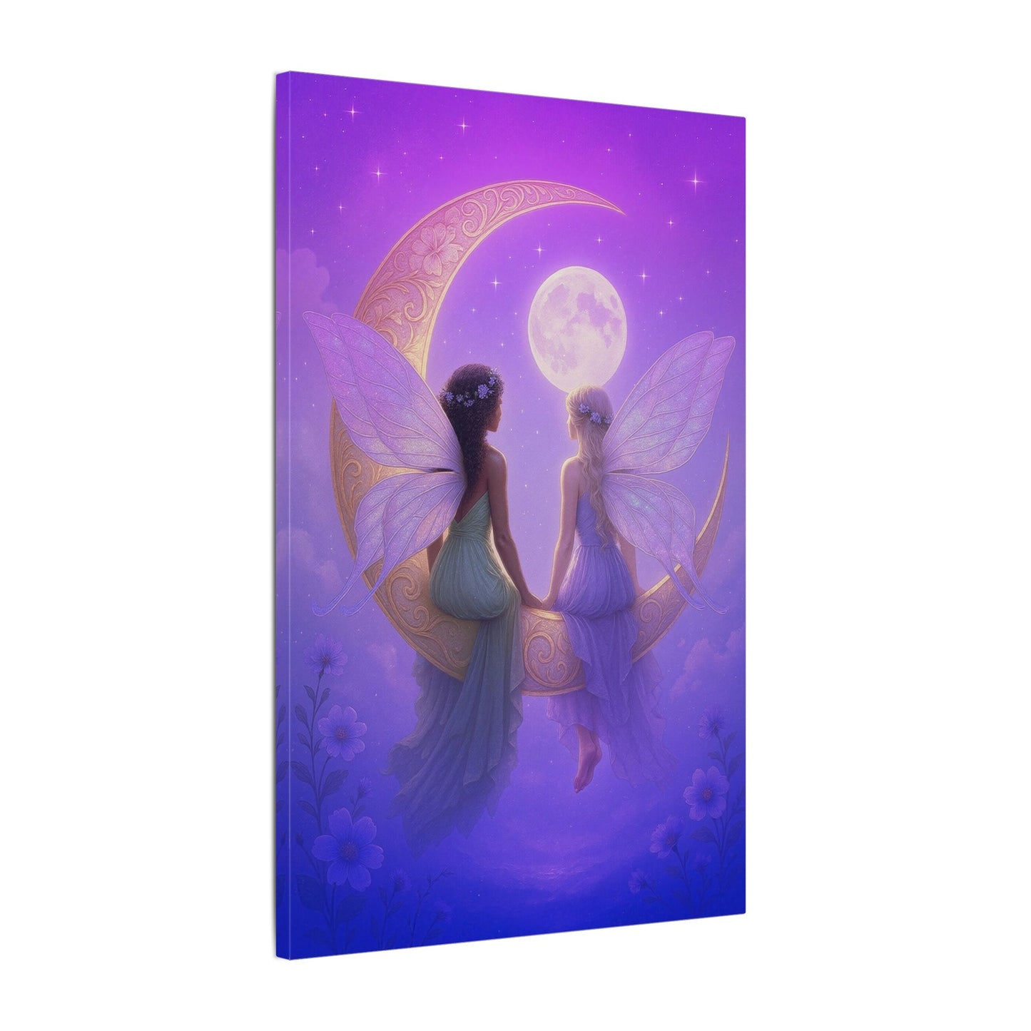 Fairy Friends on the Moon – Enchanted Purple Dream Wall Art