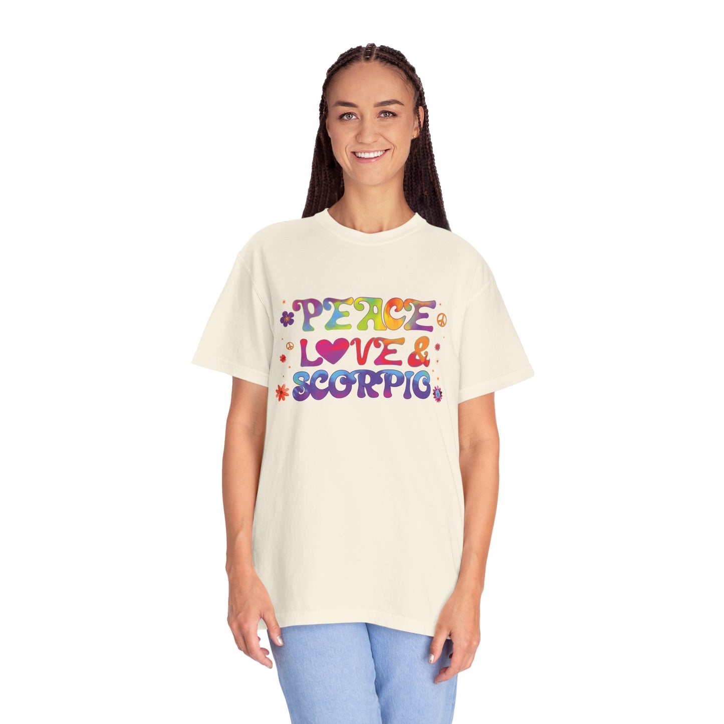 Peace Love & Scorpio Tee β Colorful Retro Zodiac Shirt