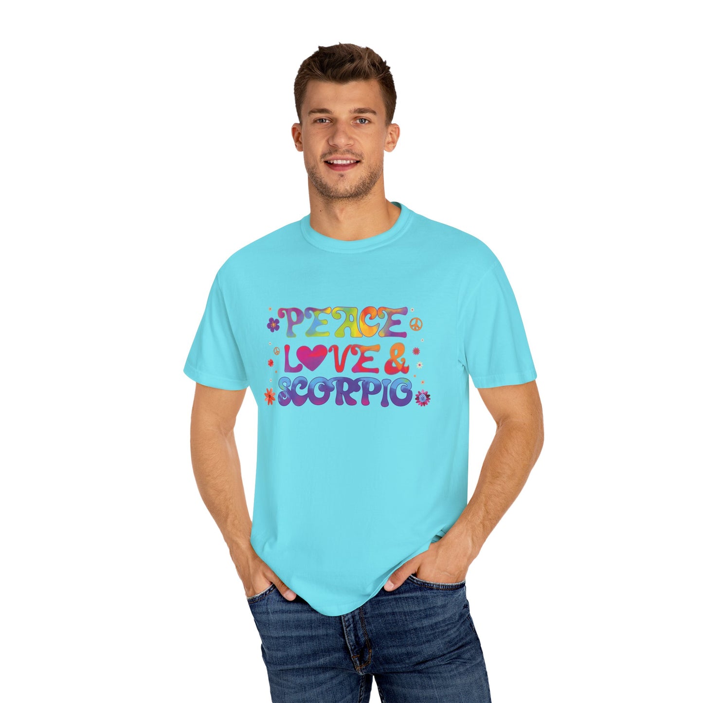 Peace Love & Scorpio Tee β Colorful Retro Zodiac Shirt
