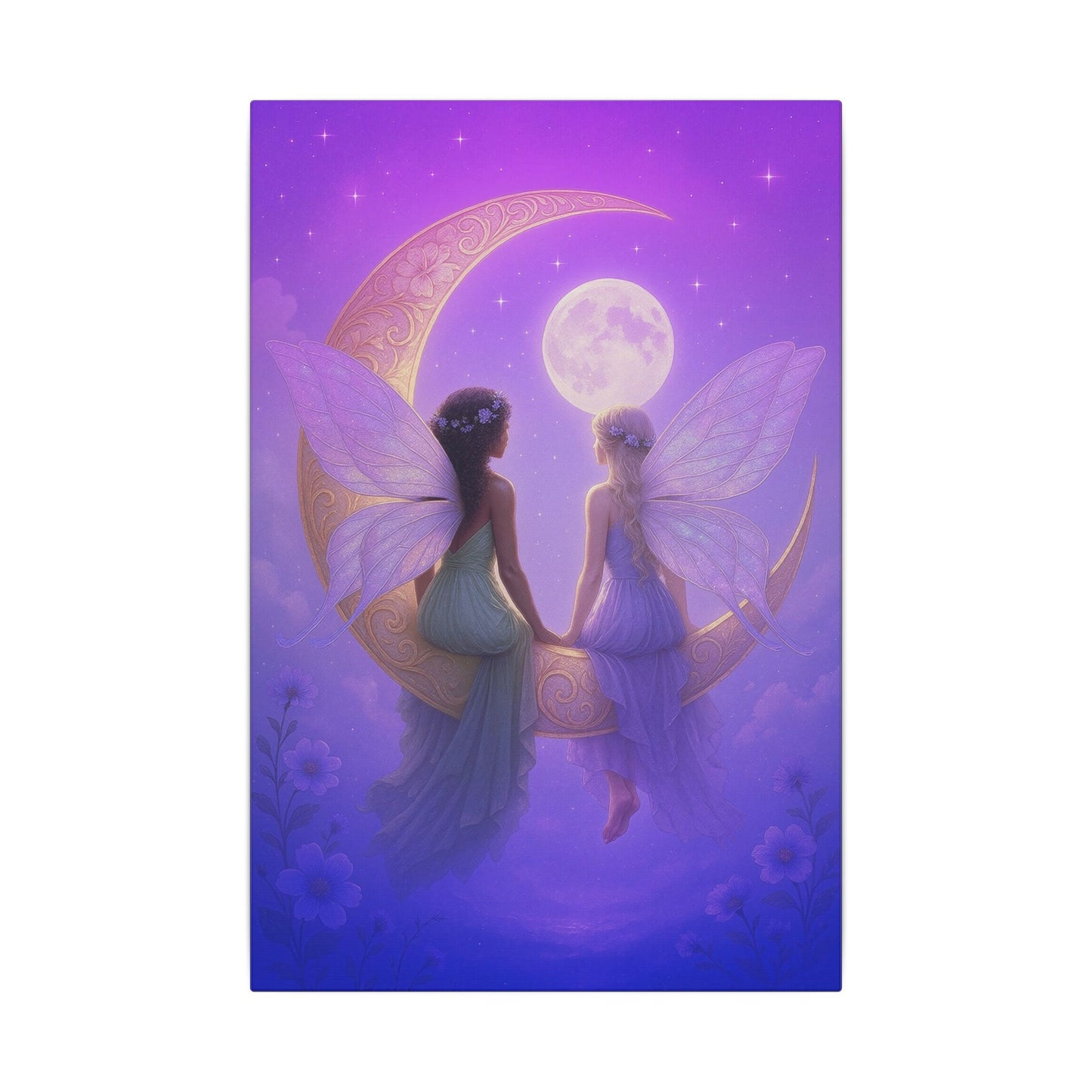 Fairy Friends on the Moon – Enchanted Purple Dream Wall Art