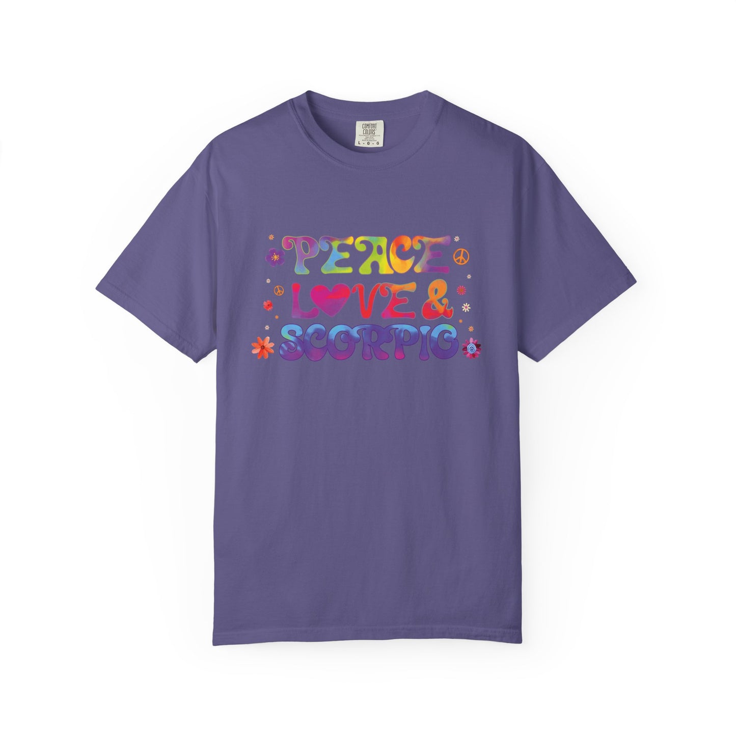 Peace Love & Scorpio Tee β Colorful Retro Zodiac Shirt