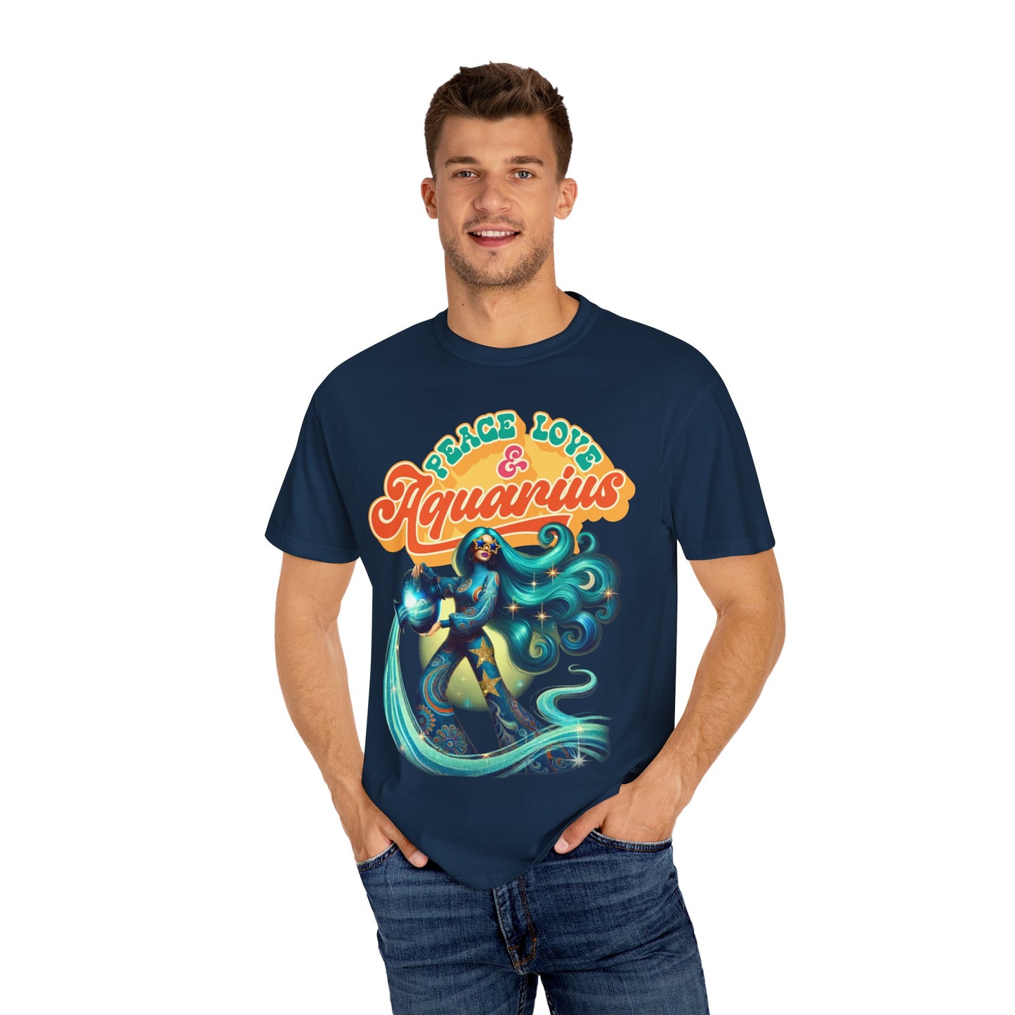 Peace Love & Aquarius – Retro Zodiac Water Bearer Tee