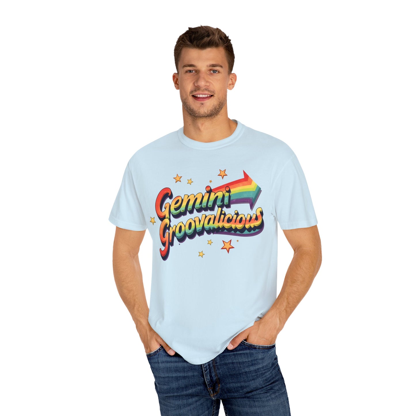 Gemini Groovalicious - Retro Rainbow Arrow Zodiac Tee