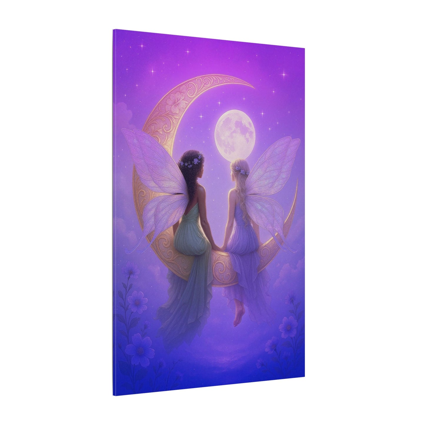 Fairy Friends on the Moon – Enchanted Purple Dream Wall Art