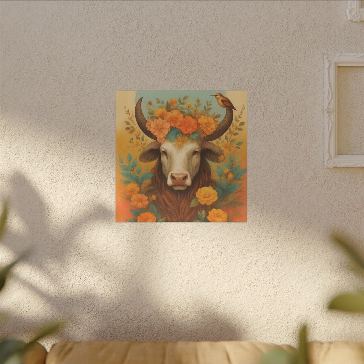 Bull with Bird – Floral Serenity Wall Art (Taurus Inspired), Square