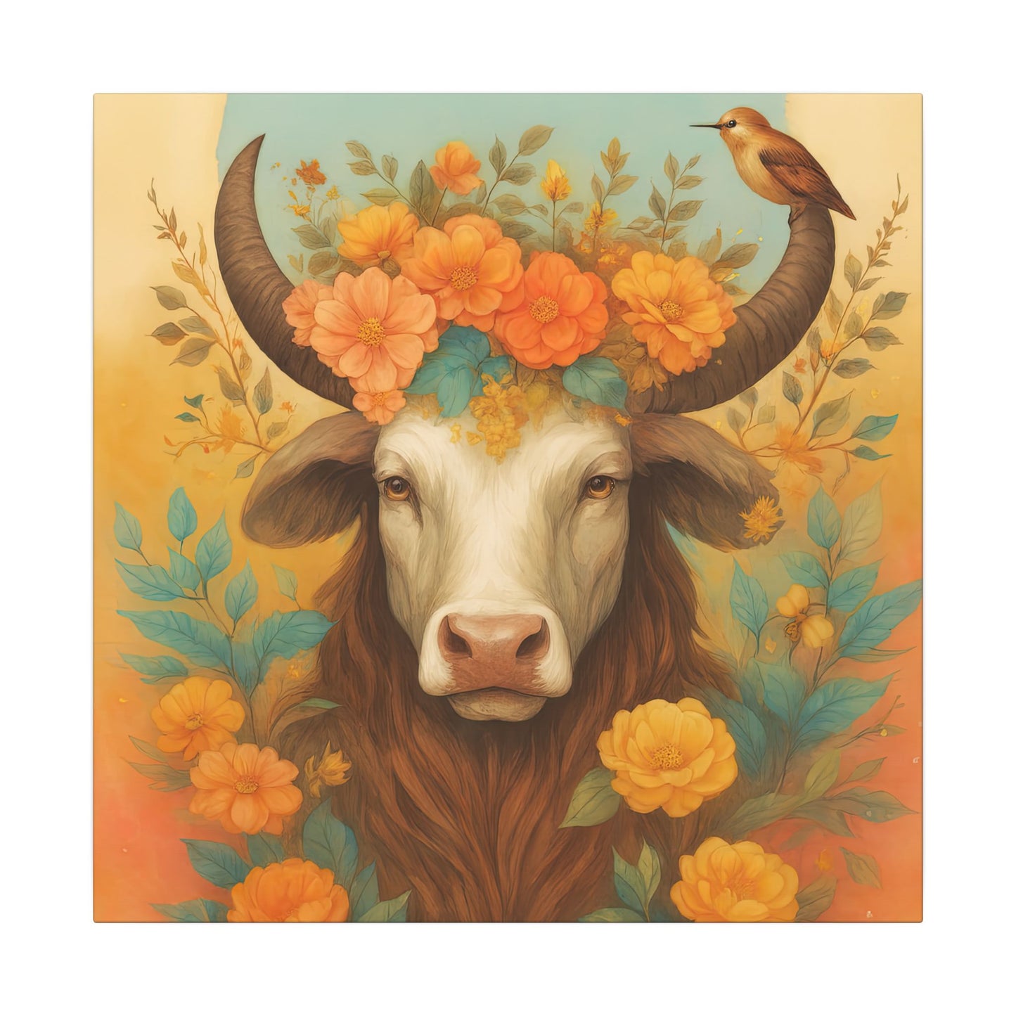 Bull with Bird – Floral Serenity Wall Art (Taurus Inspired), Square