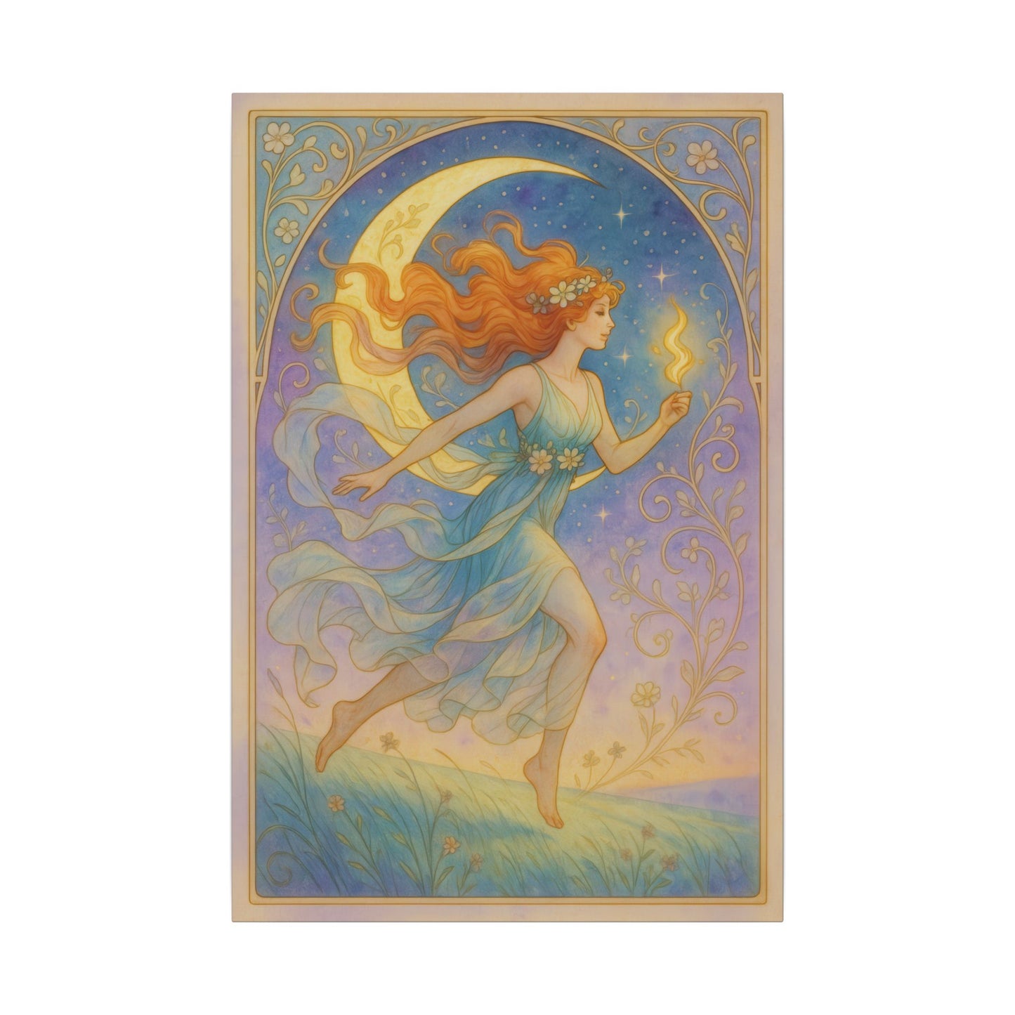 Flame Keeper Running Free – Moonlit Goddess Art Nouveau Canvas Wall Art