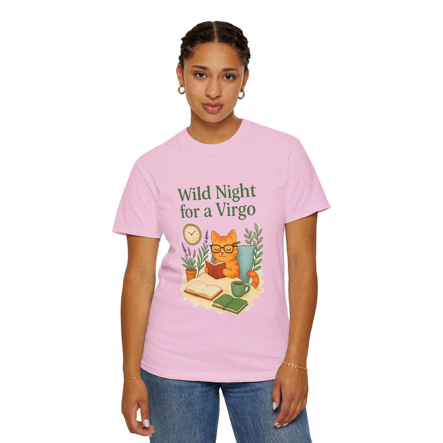 Wild Night for a Virgo – Cozy Cat Tee for Bookish Earth Signs