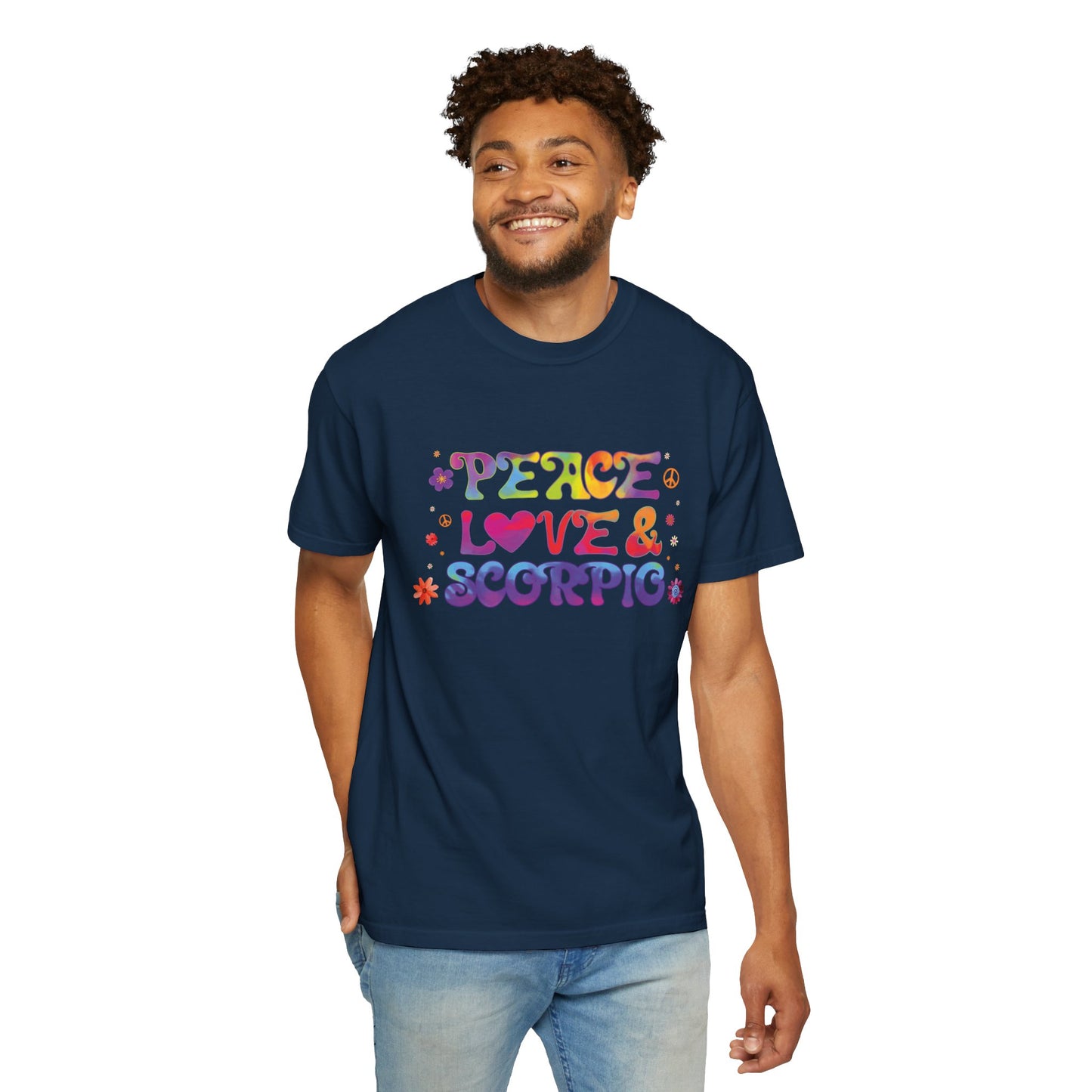 Peace Love & Scorpio Tee β Colorful Retro Zodiac Shirt