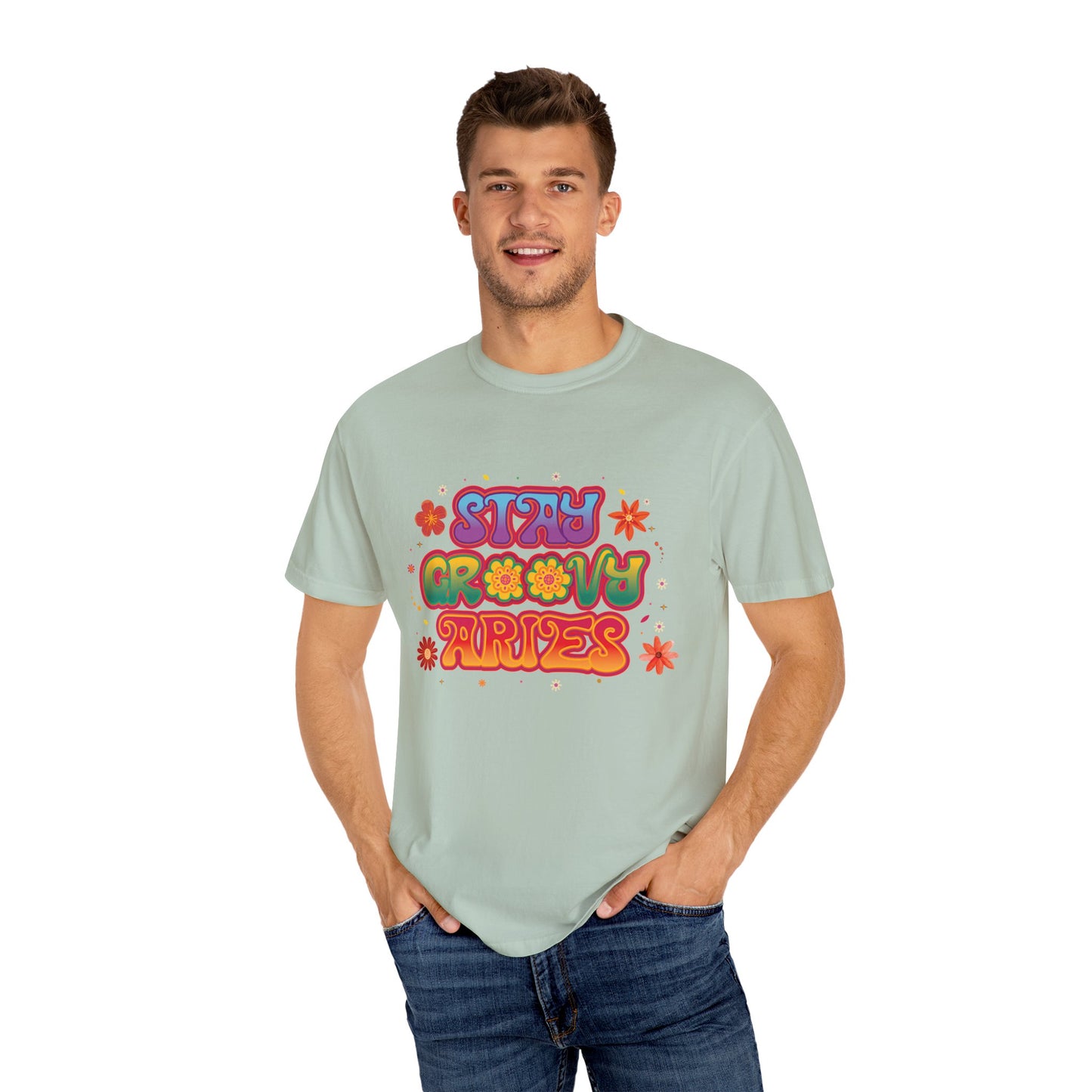 Stay Groovy Aries Tee – Colorful Retro Zodiac Shirt, 70s Flower Power Style