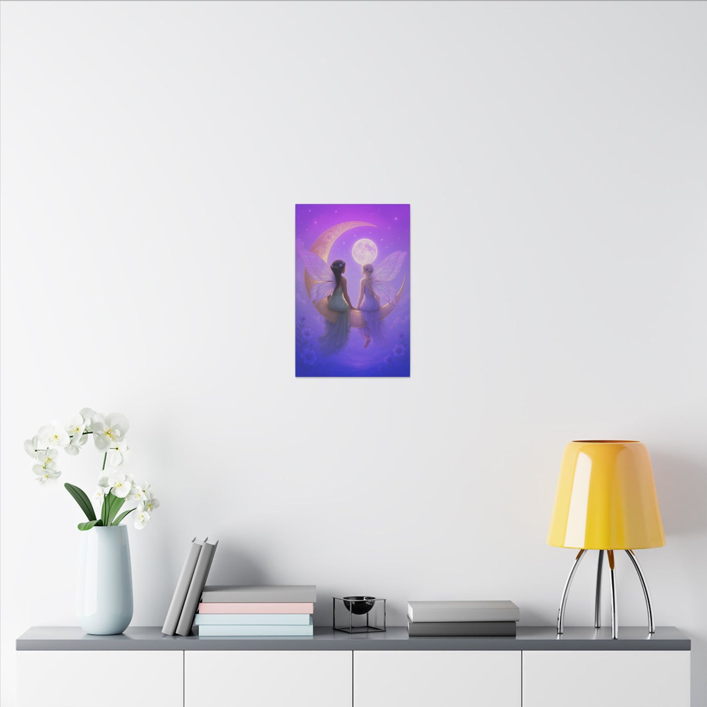 Fairy Friends on the Moon – Enchanted Purple Dream Wall Art