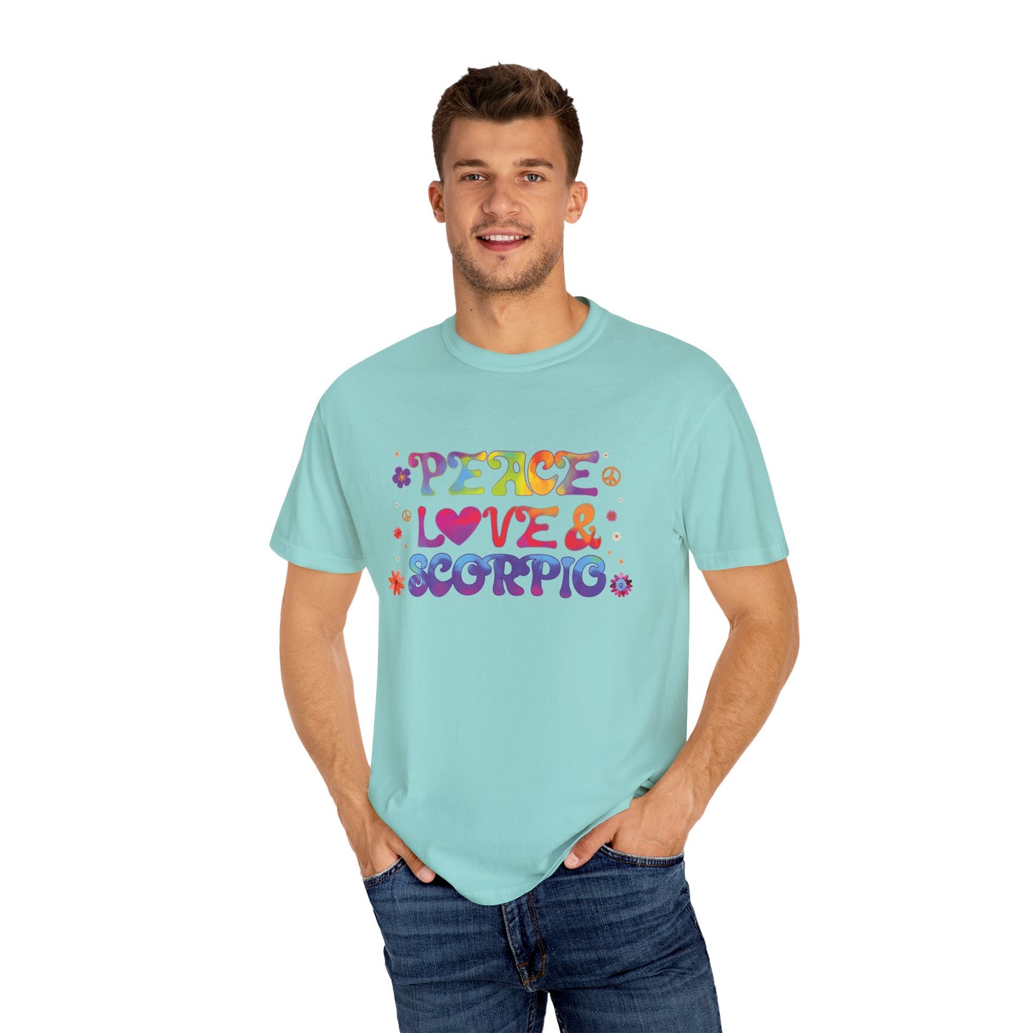 Peace Love & Scorpio Tee – Colorful Retro Zodiac Shirt