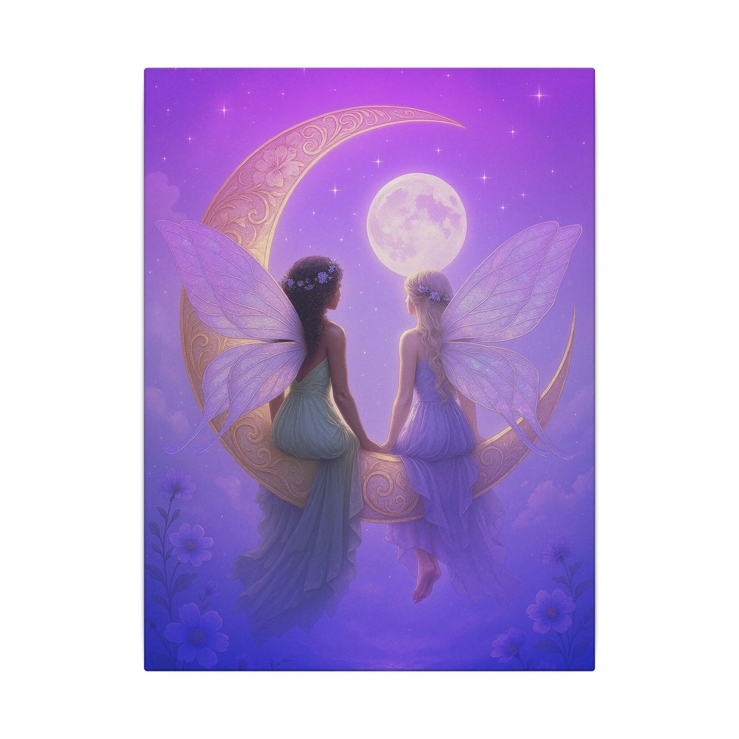 Fairy Friends on the Moon – Enchanted Purple Dream Wall Art