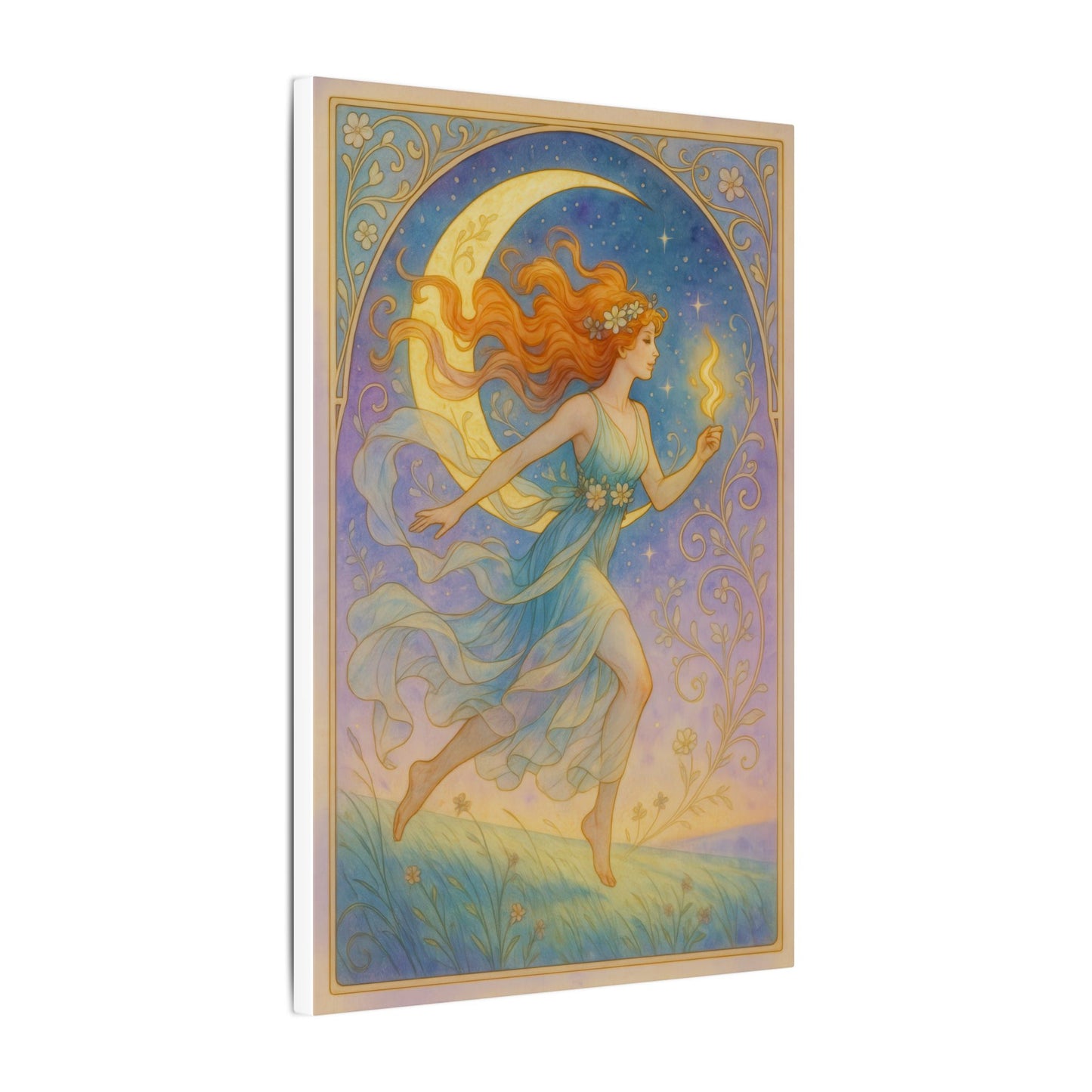 Flame Keeper Running Free – Moonlit Goddess Art Nouveau Canvas Wall Art