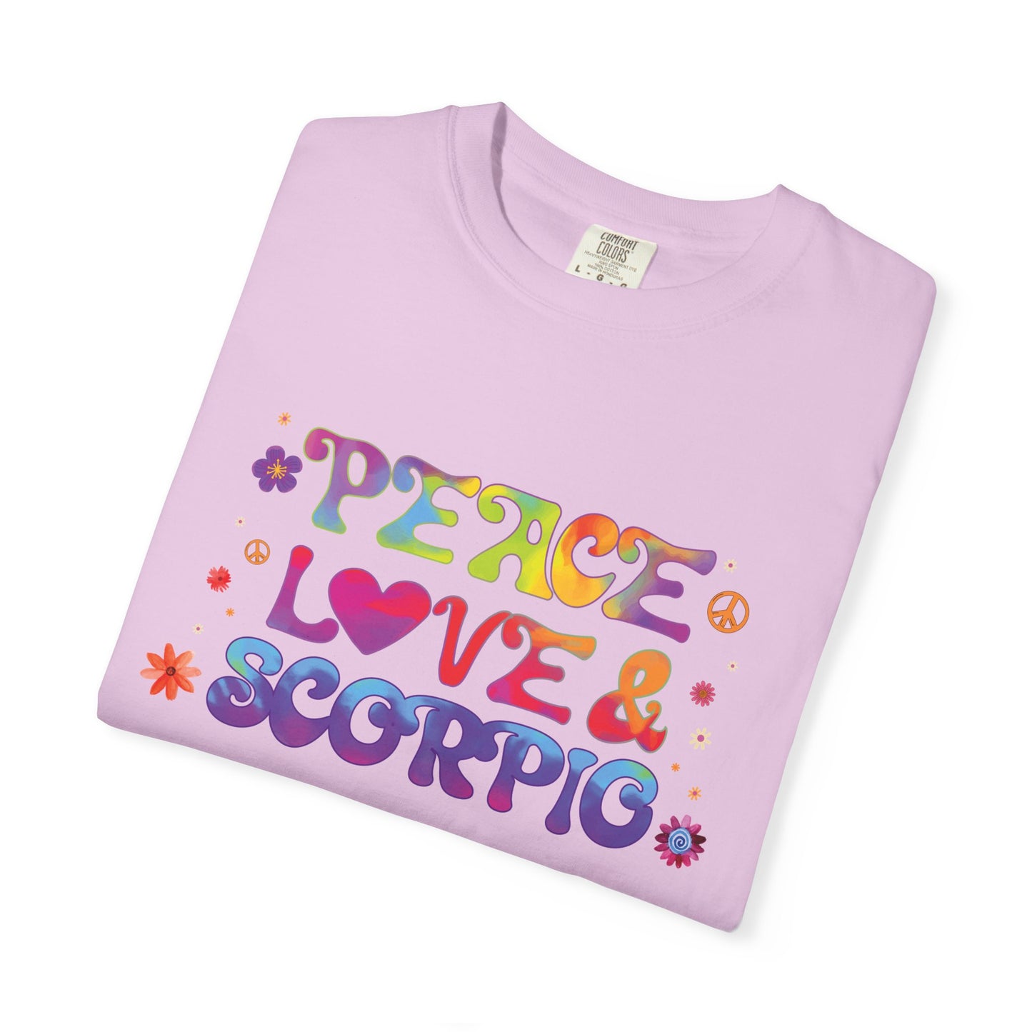 Peace Love & Scorpio Tee – Colorful Retro Zodiac Shirt