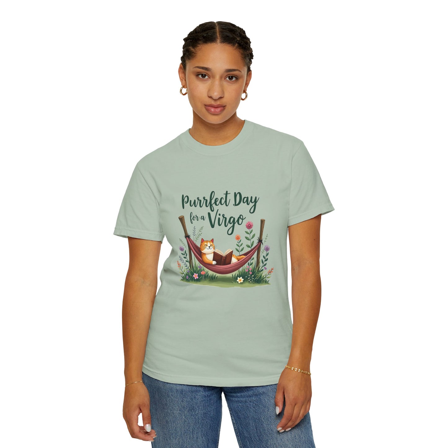 Purrfect Day for a Virgo – Cozy Cat & Hammock Zodiac Tee