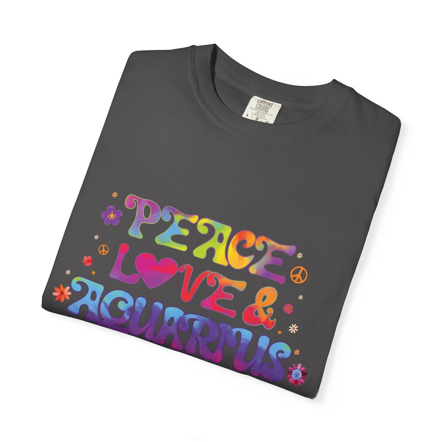 Peace Love & Aquarius Tee – Groovy Multicolor Zodiac Shirt