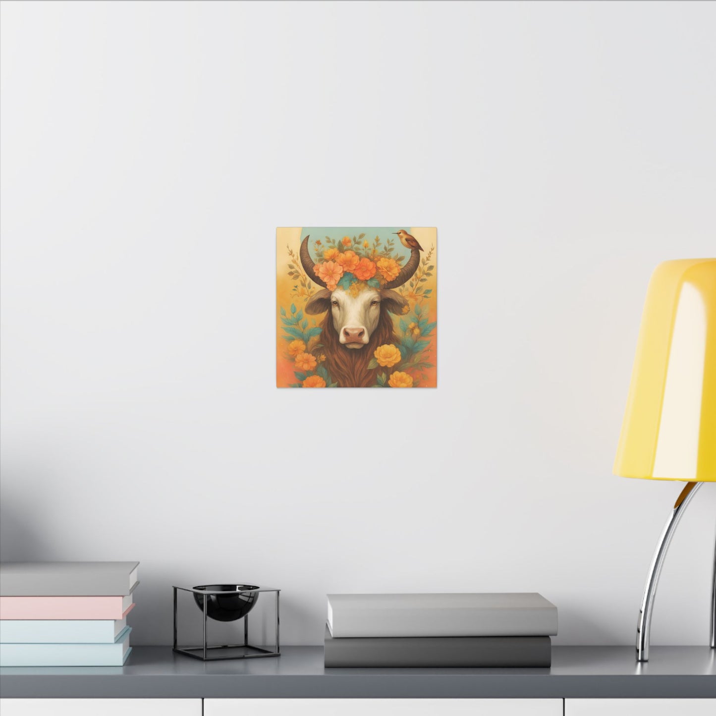 Bull with Bird – Floral Serenity Wall Art (Taurus Inspired), Square